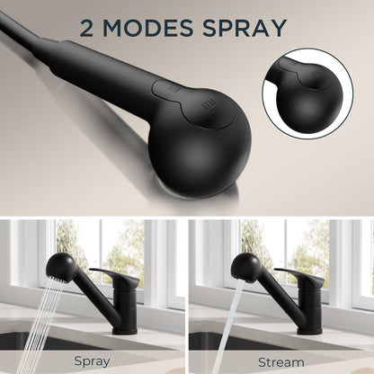 Forious black kitchen mixer tap with two modes: spray and stream for versatile kitchen use