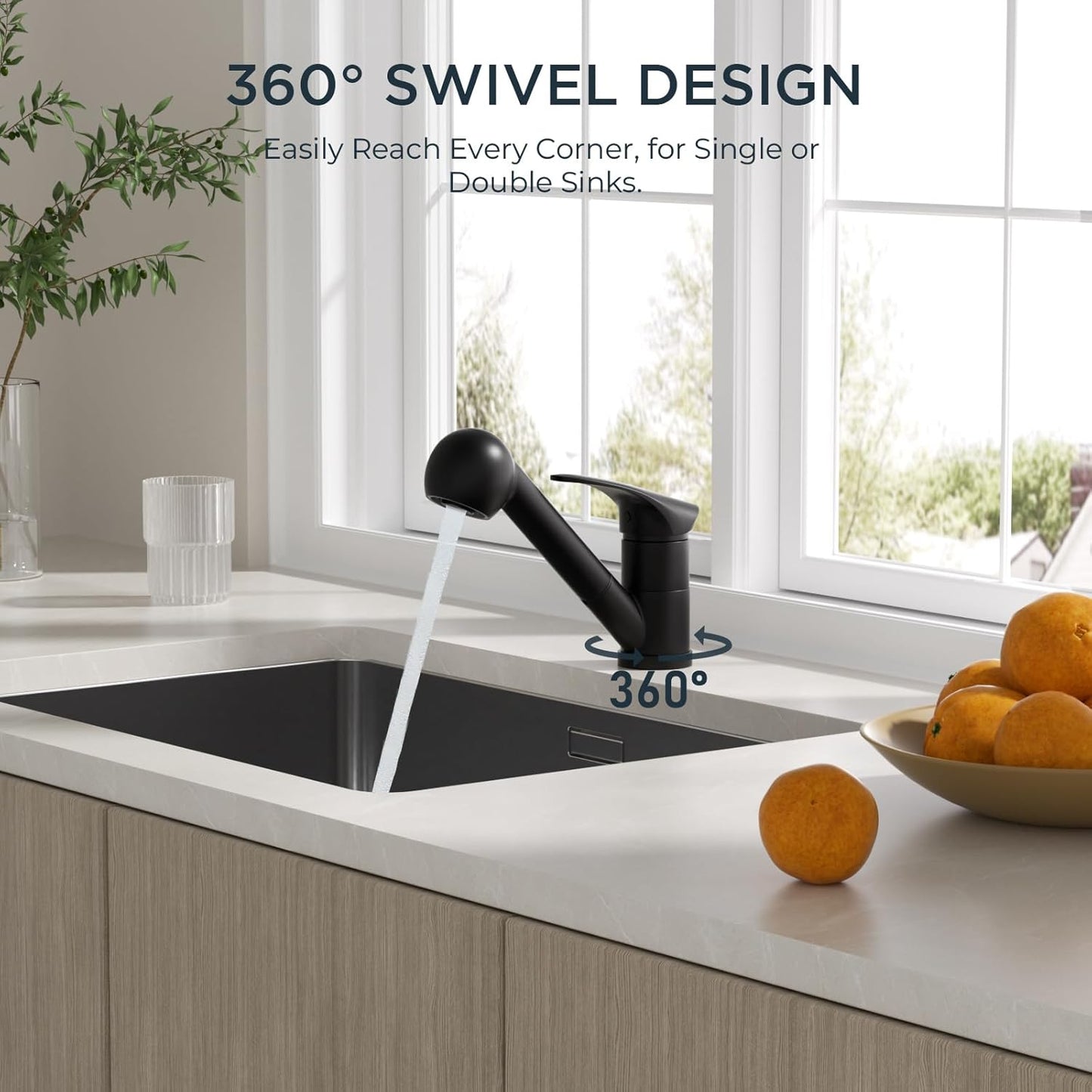 Forious black kitchen mixer tap with 360 degree swivel design for easy access to all sink areas