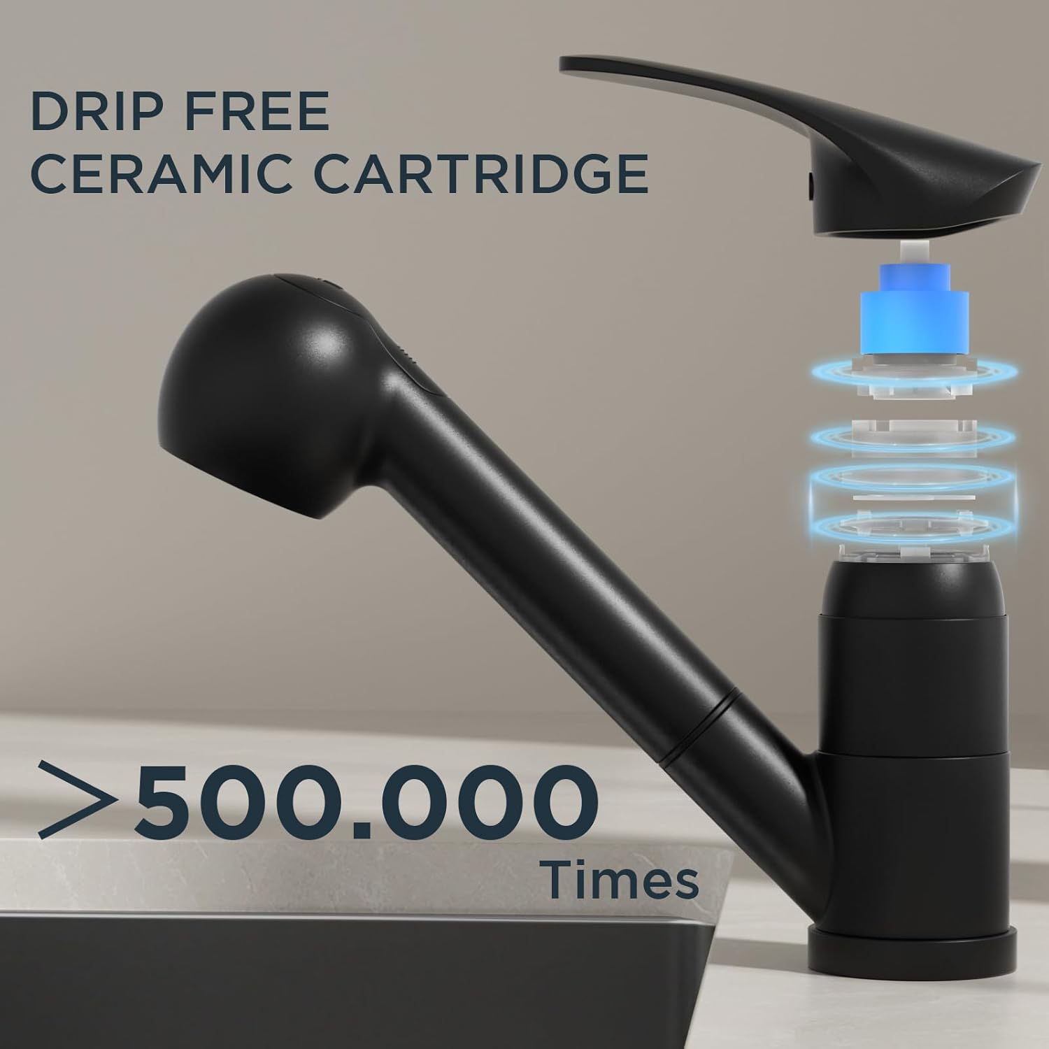 Forious black kitchen mixer tap with drip-free ceramic cartridge for long-lasting performance