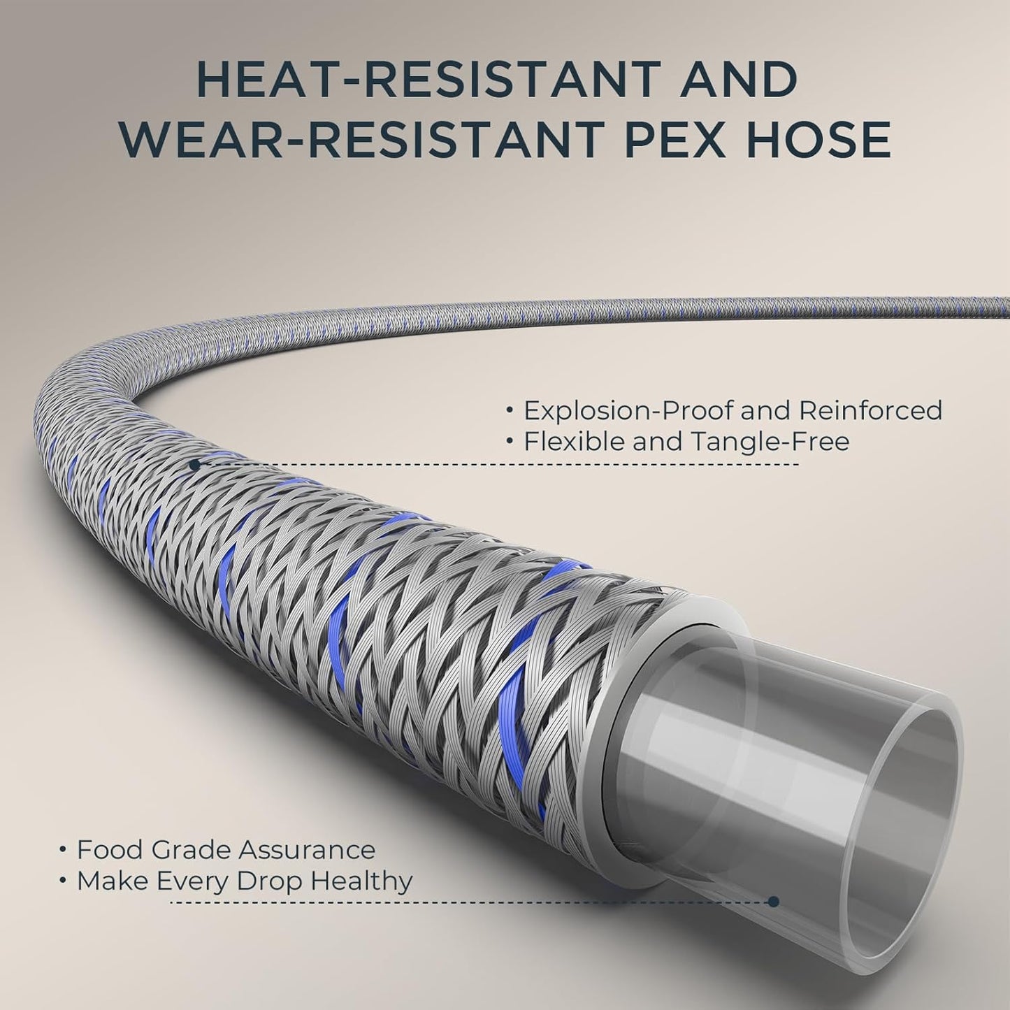 Close-up of the heat-resistant and wear-resistant PEX hose for black kitchen mixer tap installations