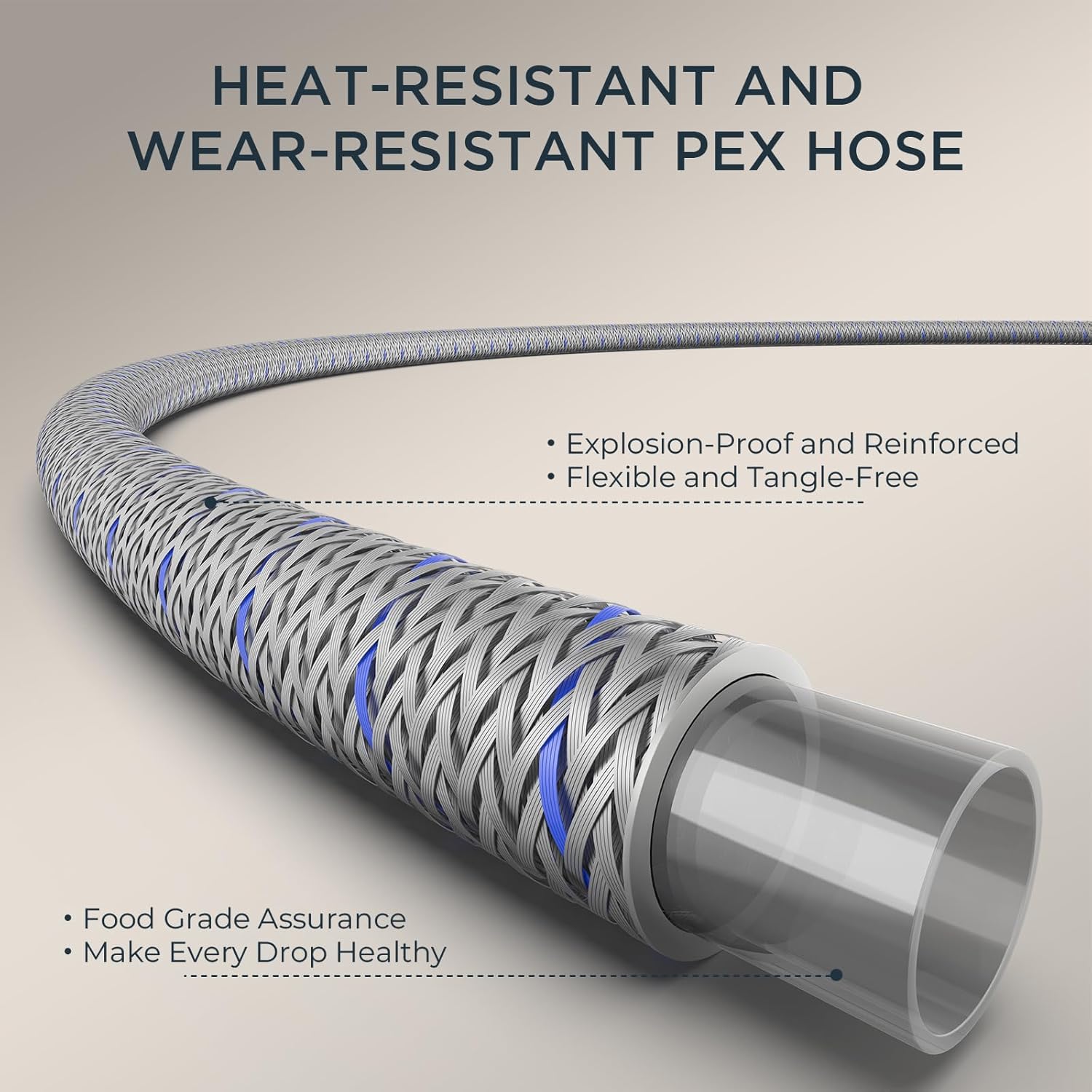 Close-up of the heat-resistant and wear-resistant PEX hose for black kitchen mixer tap installations