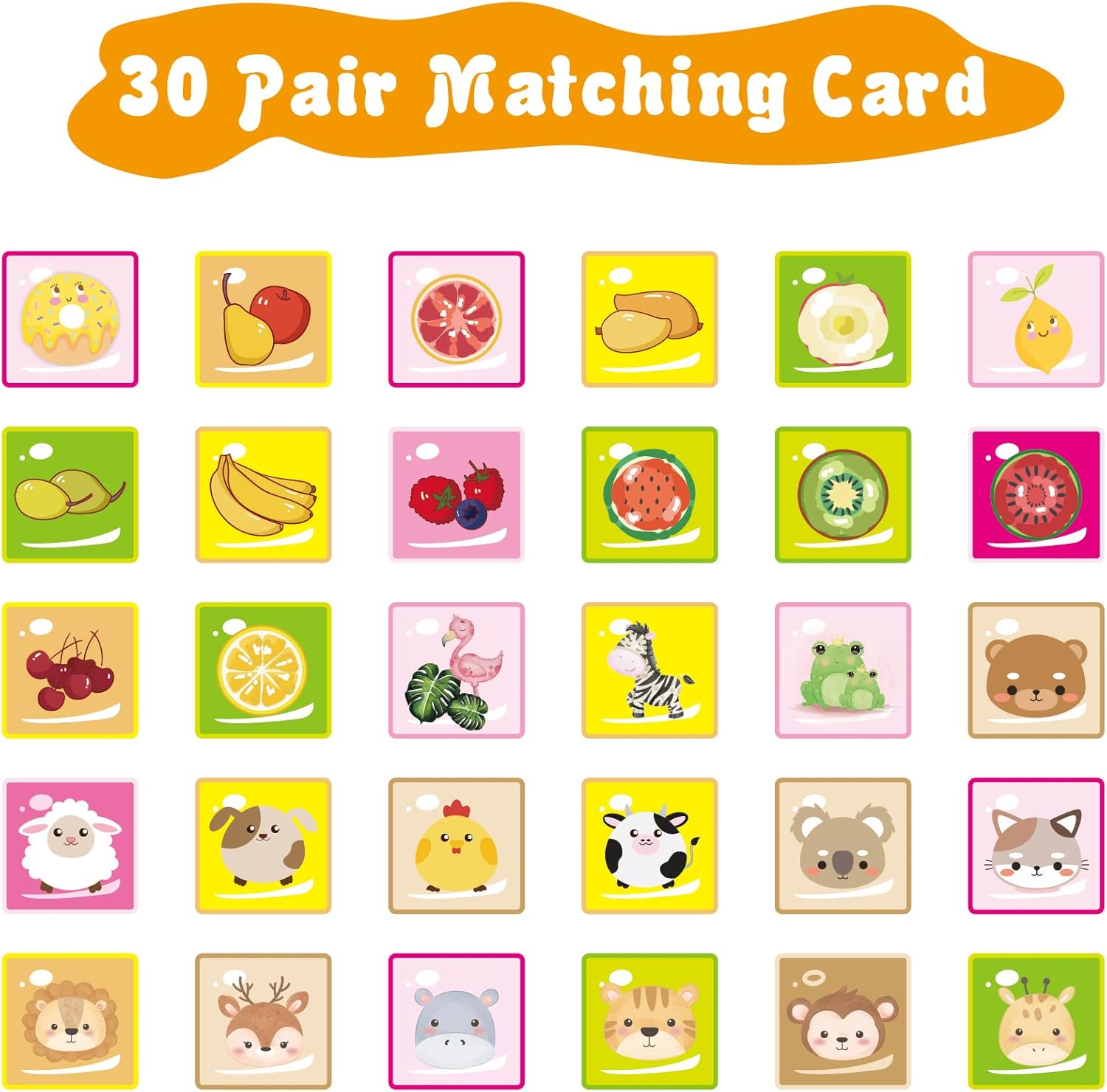 30 Pair Matching Card Set Featuring Colourful Illustrations for Memory Matching Game for Kids