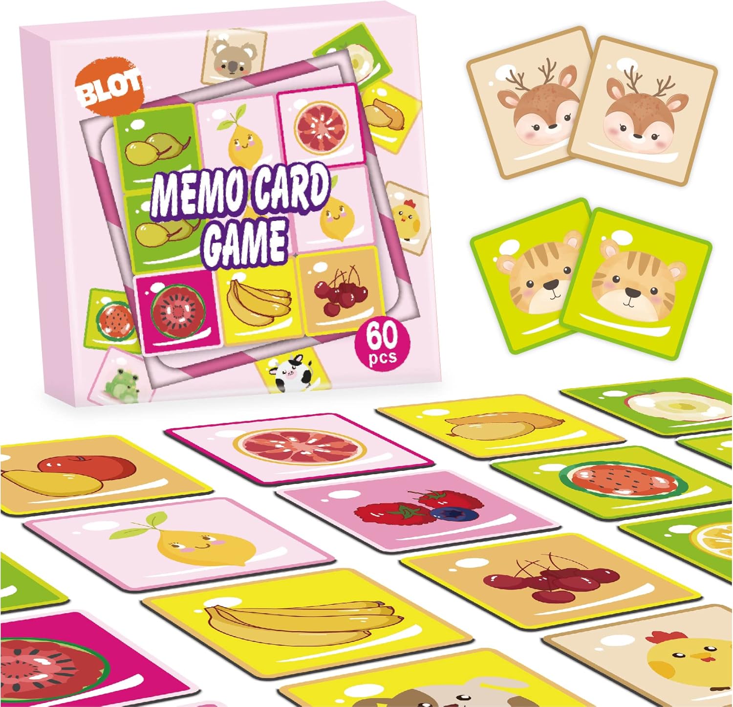BLOT memory matching game for kids with colourful cards featuring animals and fruits for fun gameplay