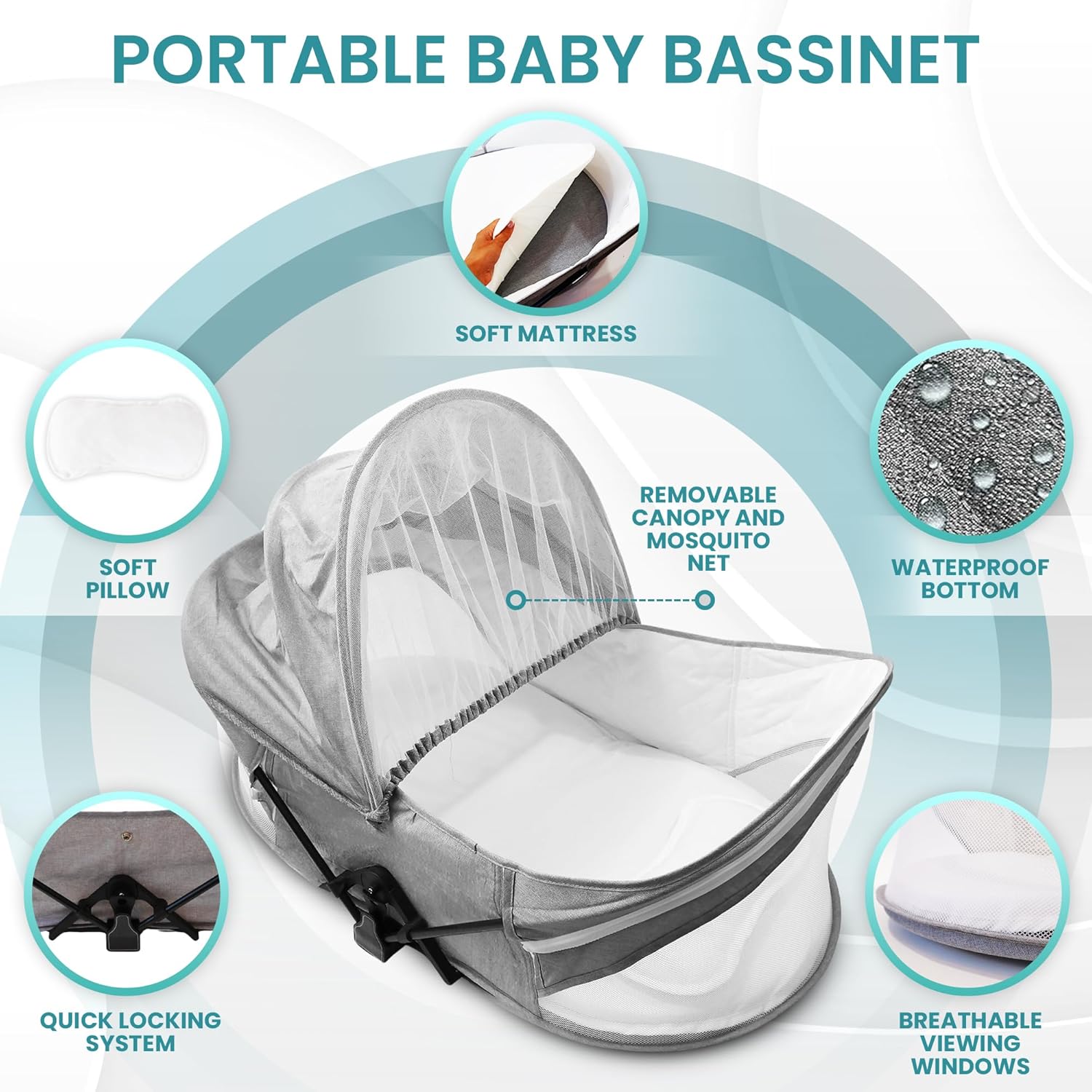 Blue Zeri portable baby travel bassinet with a soft mattress, removable canopy and breathable viewing windows