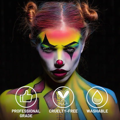 Vibrant professional face and body paint set applied on a model with bold clown makeup