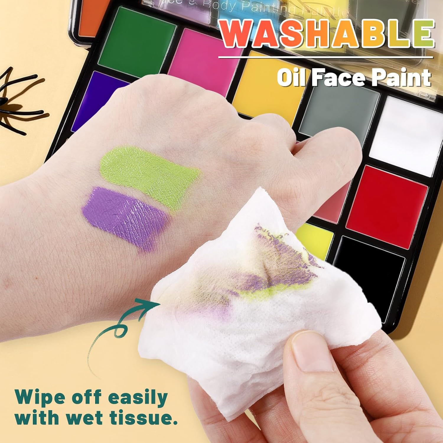 BOBISUKA professional face and body paint set with washable oil face paint swatches on skin and tissue