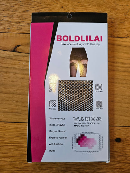 Boldlilai packaging for black lace stockings with bow featuring a stylish lace top and playful design