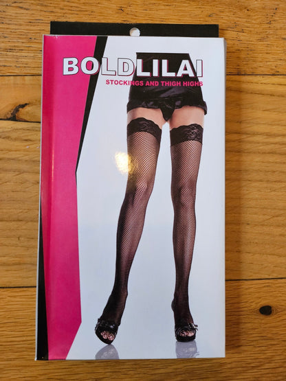 Boldlilai packaging for black lace stockings with bow showcasing a model's legs and fishnet design