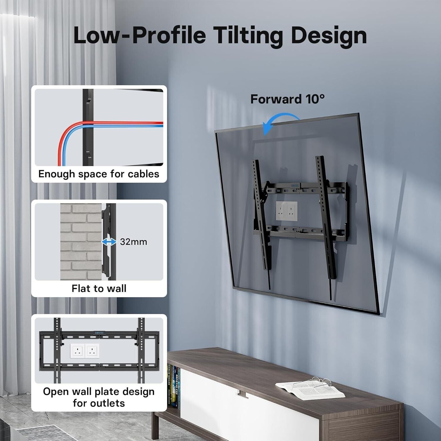 BONTEC TV wall bracket for 37-80 inch TVs with low-profile tilting design and cable management features