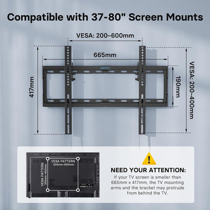 BONTEC TV wall bracket for 37-80 inch TVs with adjustable VESA mounting patterns shown in image
