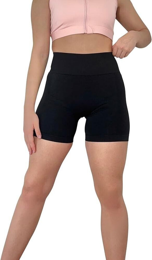 Black high-waisted women's workout shorts designed for comfort and flexibility during exercise