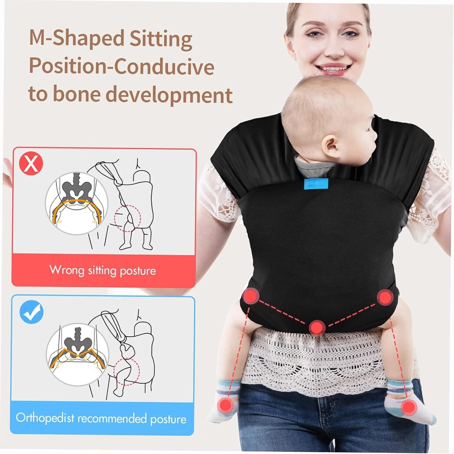 Breathable baby wrap carrier featuring M-shaped sitting position for healthy bone development