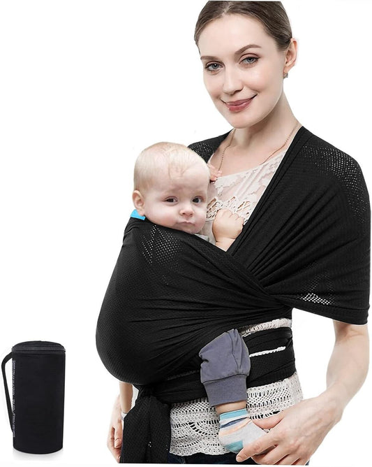 Comfortable breathable baby wrap carrier in black, perfect for carrying infants securely and hands-free