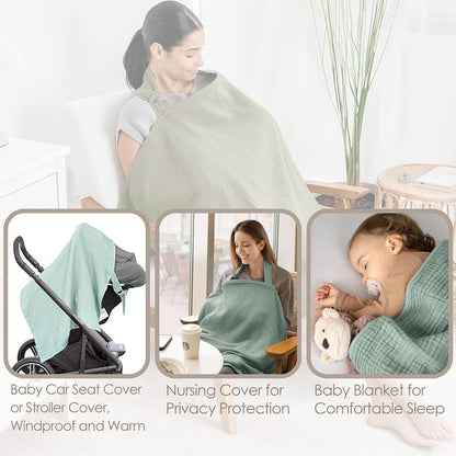 Breathable muslin nursing cover in soft green for privacy while breastfeeding outdoors