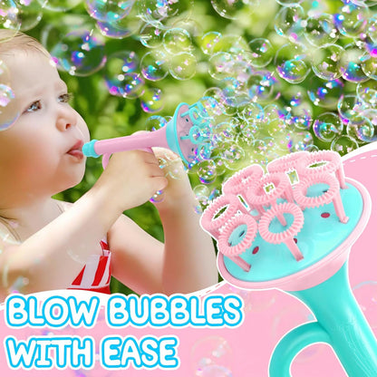 Child using JONEG bubble blower toys for kids to create bubbles outdoors with colourful effects