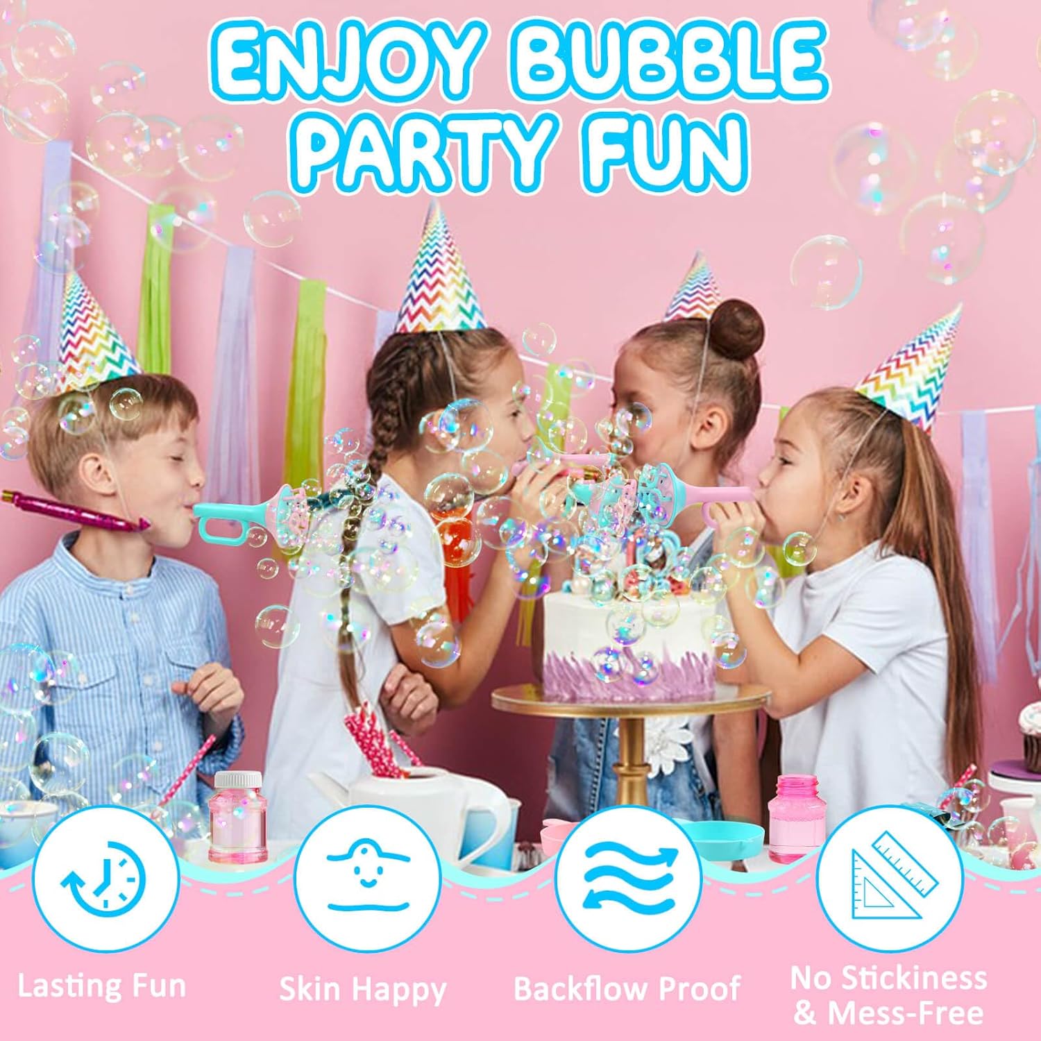 Kids enjoying a birthday party with JONEG bubble blower toys for kids, surrounded by bubbles and a cake