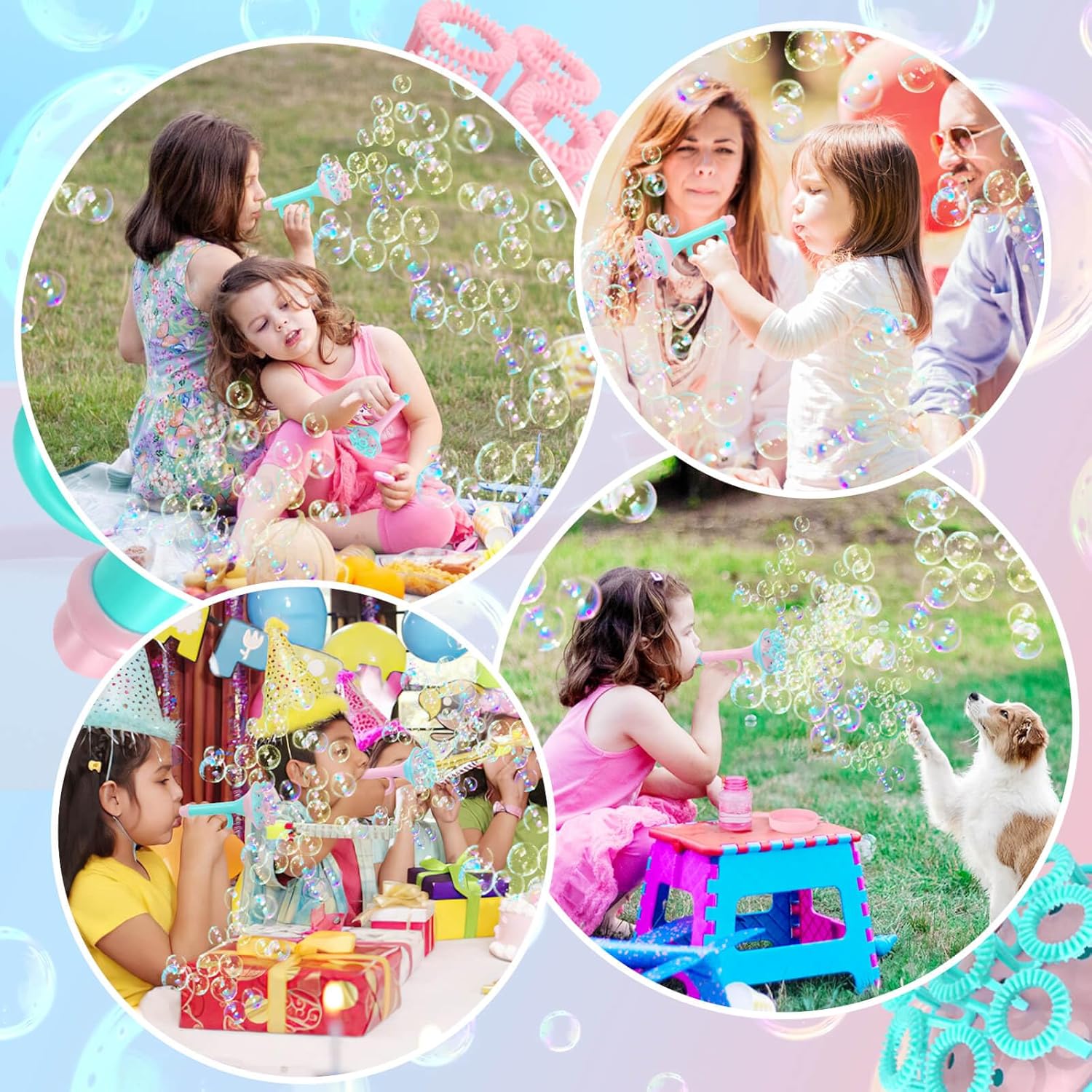 Children enjoying outdoor fun with bubble blower toys for kids at a picnic and party