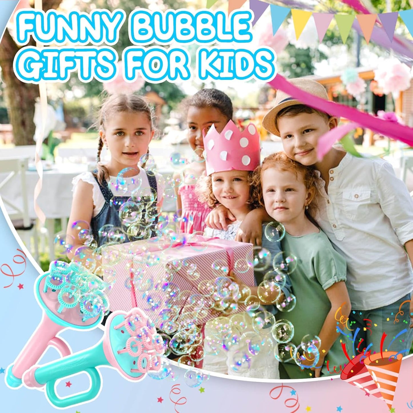 Children enjoying outdoor fun with bubble blower toys for kids, surrounded by bubbles and festive decorations