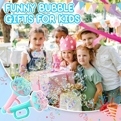 Children enjoying outdoor fun with bubble blower toys for kids, surrounded by bubbles and festive decorations