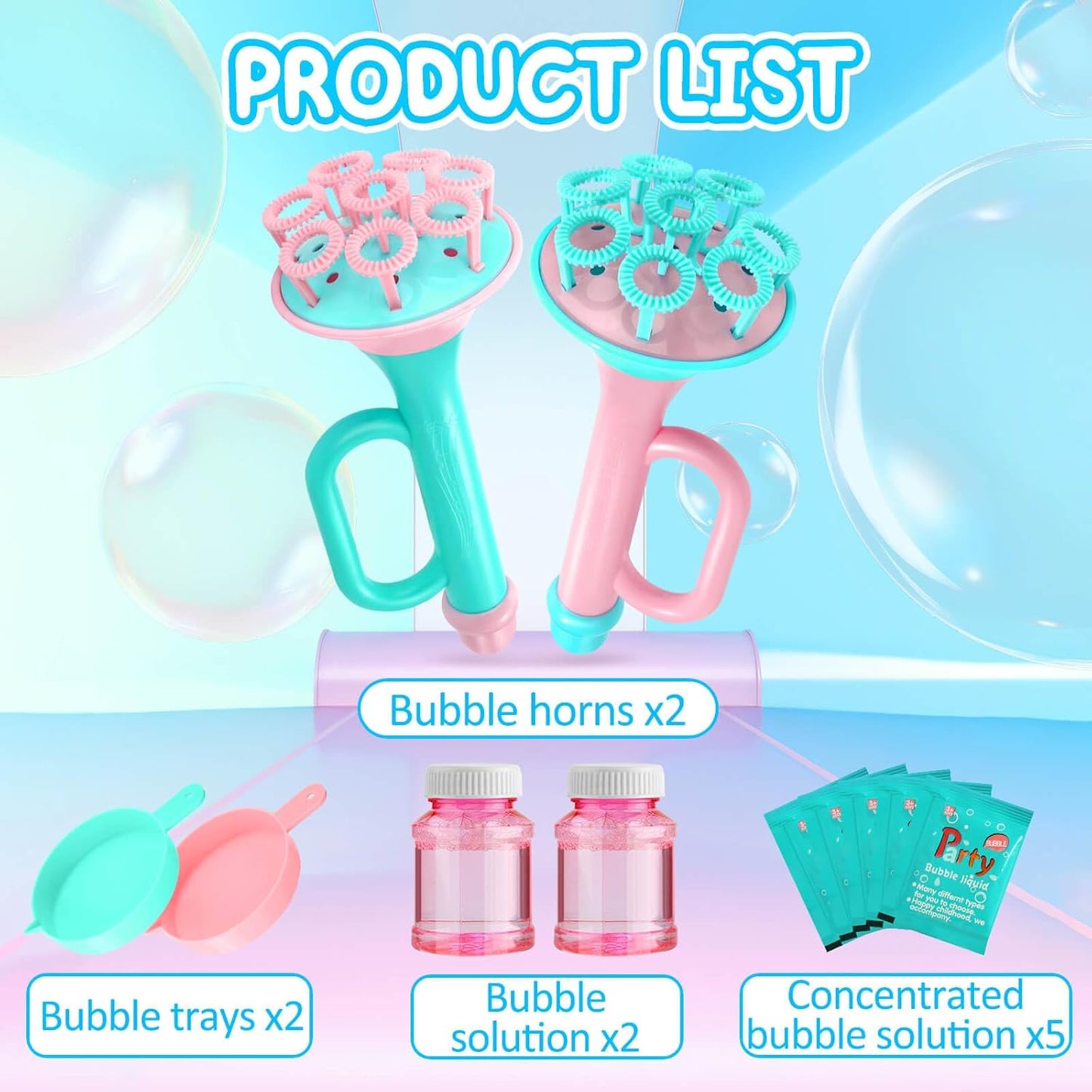 Set of bubble blower toys for kids including bubble horns, trays, and bubble solution bottles