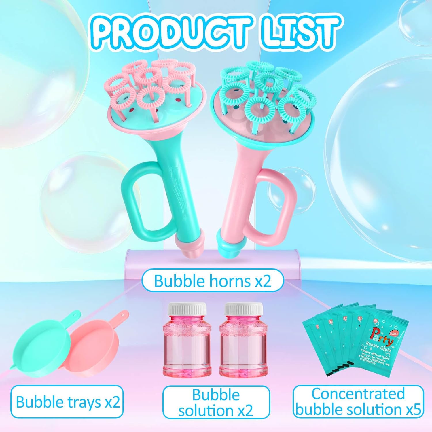 Set of bubble blower toys for kids including bubble horns, trays, and bubble solution bottles