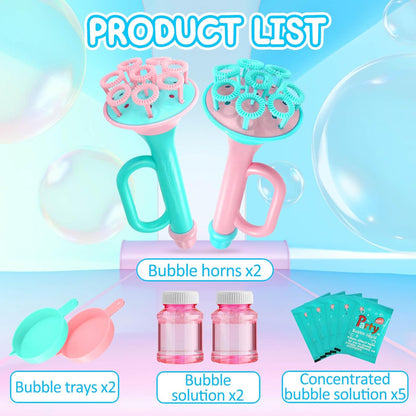 Set of bubble blower toys for kids including bubble horns, trays, and bubble solution bottles