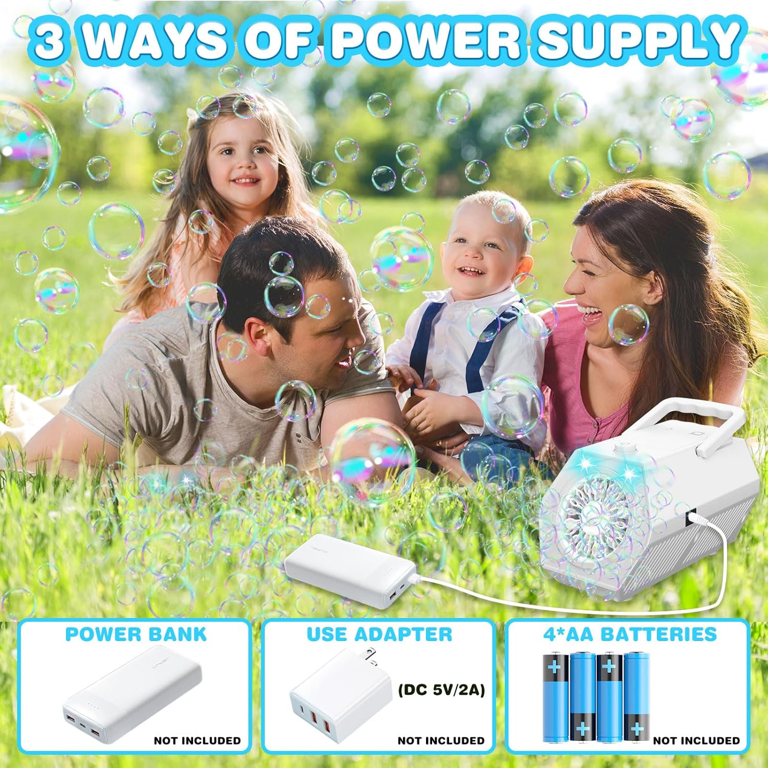 Likymo bubble machine with power supply options and bubbles floating in a sunny outdoor setting