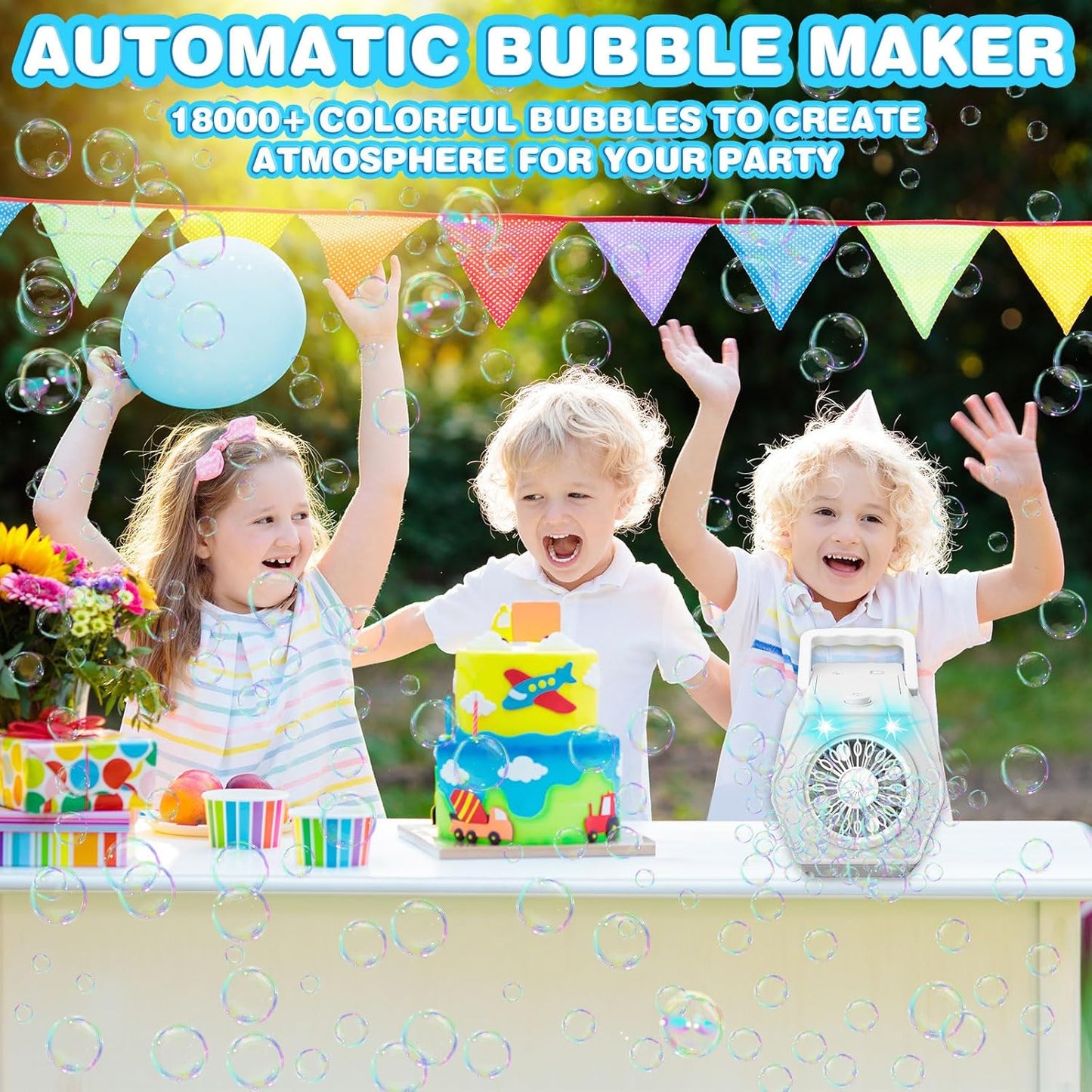 Children enjoying a vibrant party with the Likymo automatic bubble machine creating colourful bubbles
