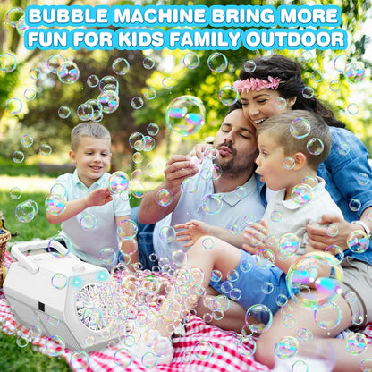 Likymo bubble machine creating bubbles for outdoor fun with kids and family