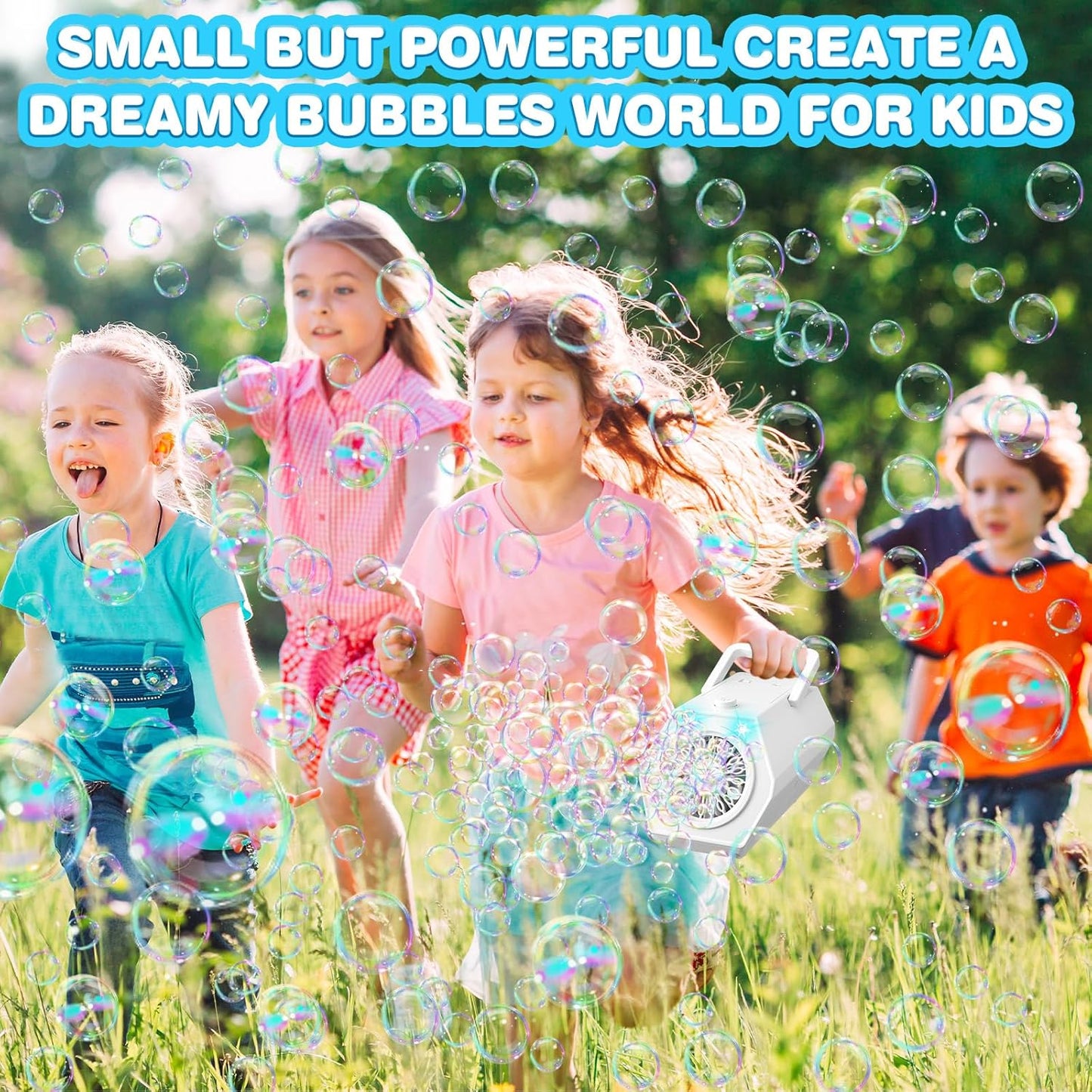 Likymo bubble machine creating a dreamy bubbles world for kids playing outdoors