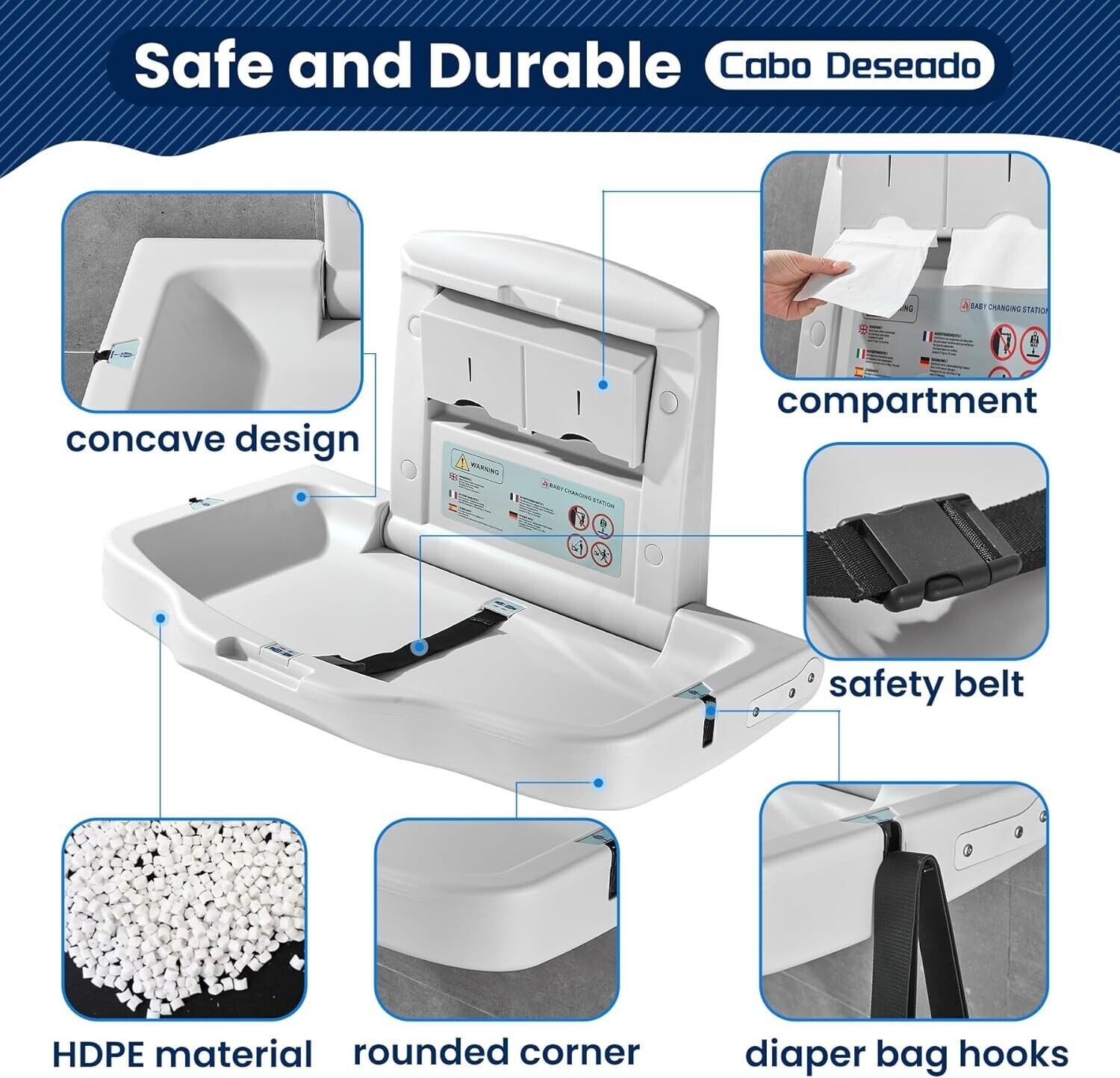 Cabo Deseado commercial baby changing station with safety belt and durable HDPE material