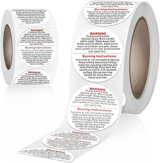 Warning labels for candle burning instructions on a roll for safe kitchen use