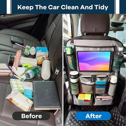 Before and after image of a car seat organiser for kids, showing a tidy car seat with storage for snacks and gadgets