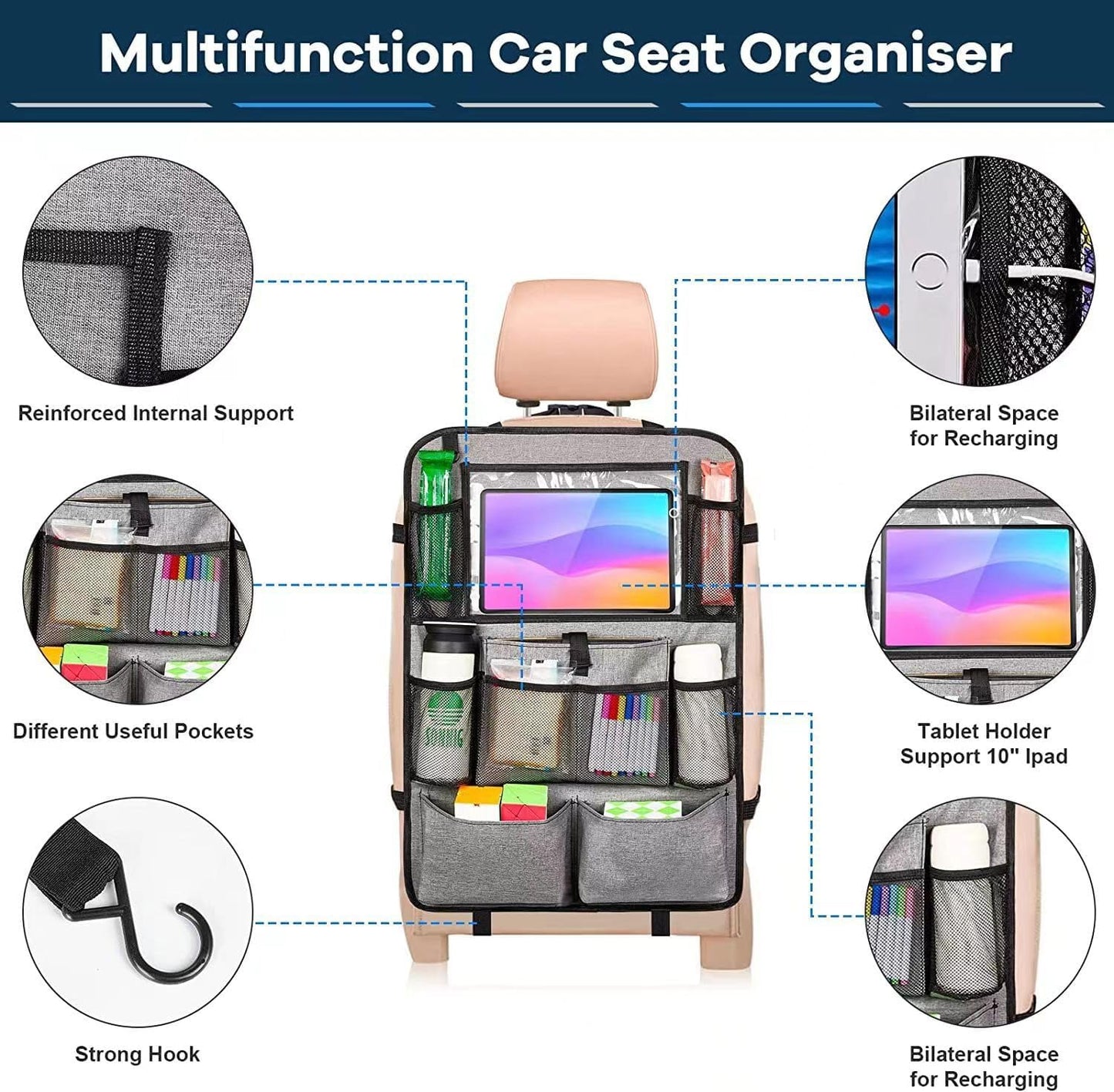 YooGoal multifunction car seat organiser for kids with various pockets and a tablet holder
