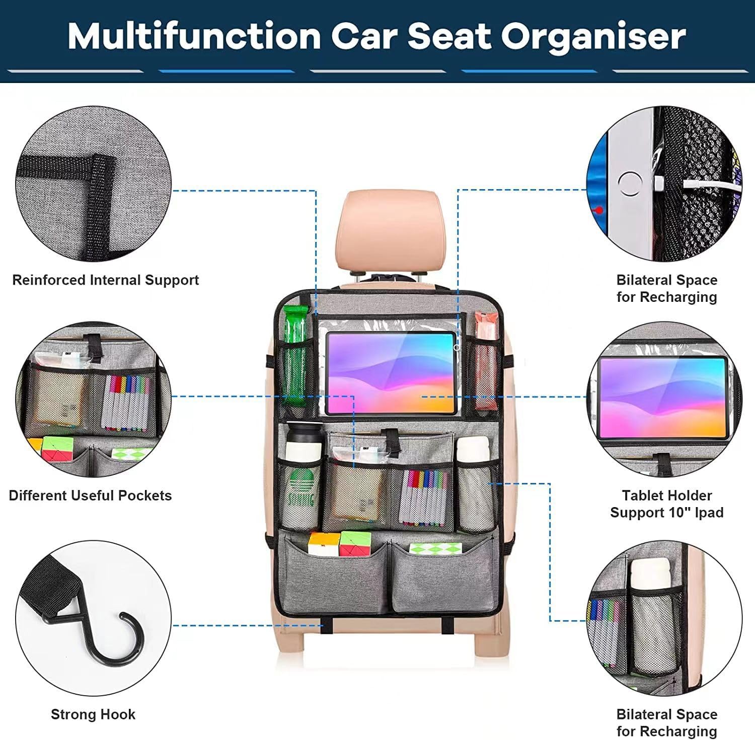 YooGoal multifunction car seat organiser for kids with various pockets and a tablet holder