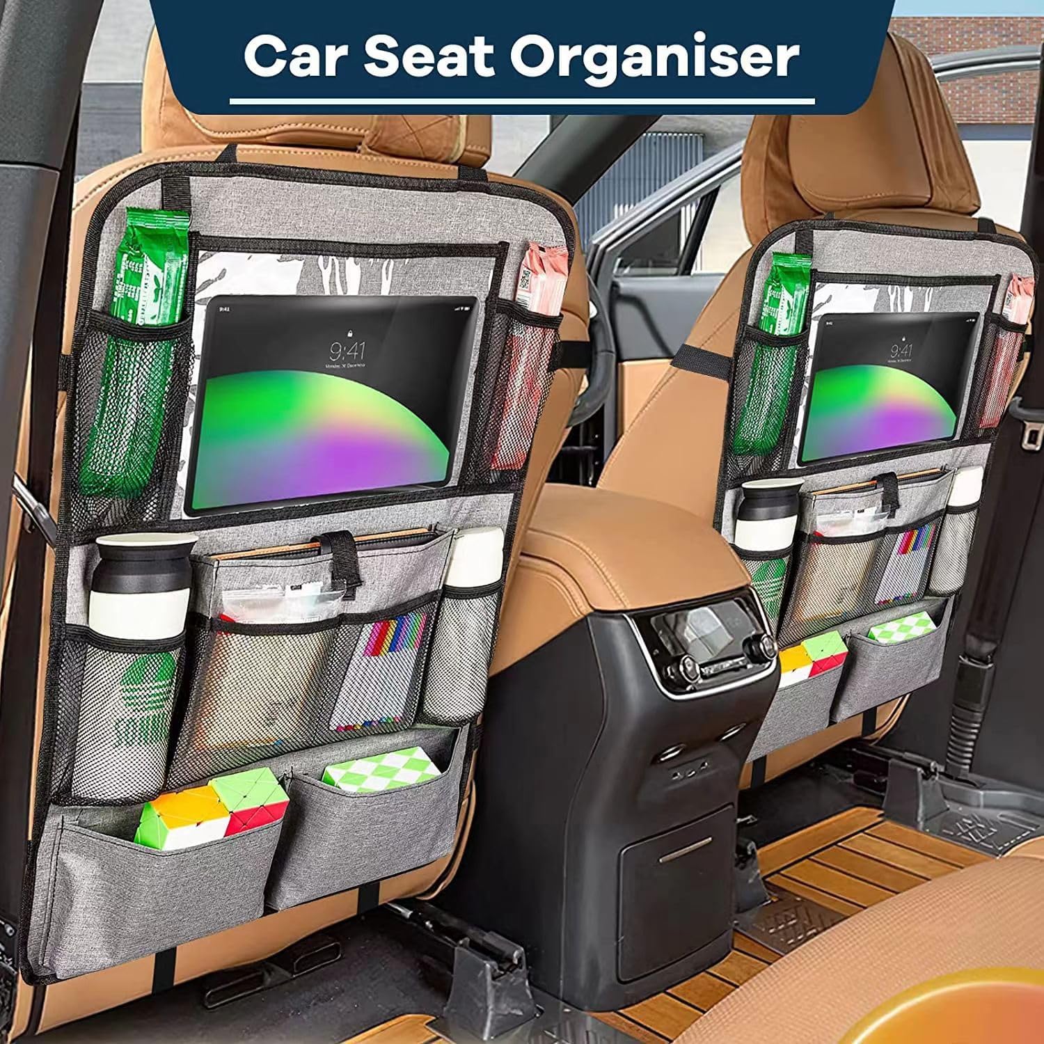 YooGoal car seat organiser for kids with multiple pockets for toys and drinks in a car interior