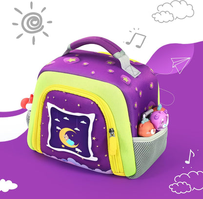 Colourful TATAVR carrying bag for Toniebox with fun designs and external pockets for toys