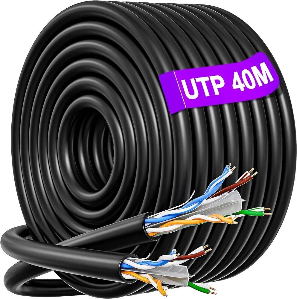 CAT6 ethernet cable 40m in black, featuring twisted copper pairs for high-speed data transmission