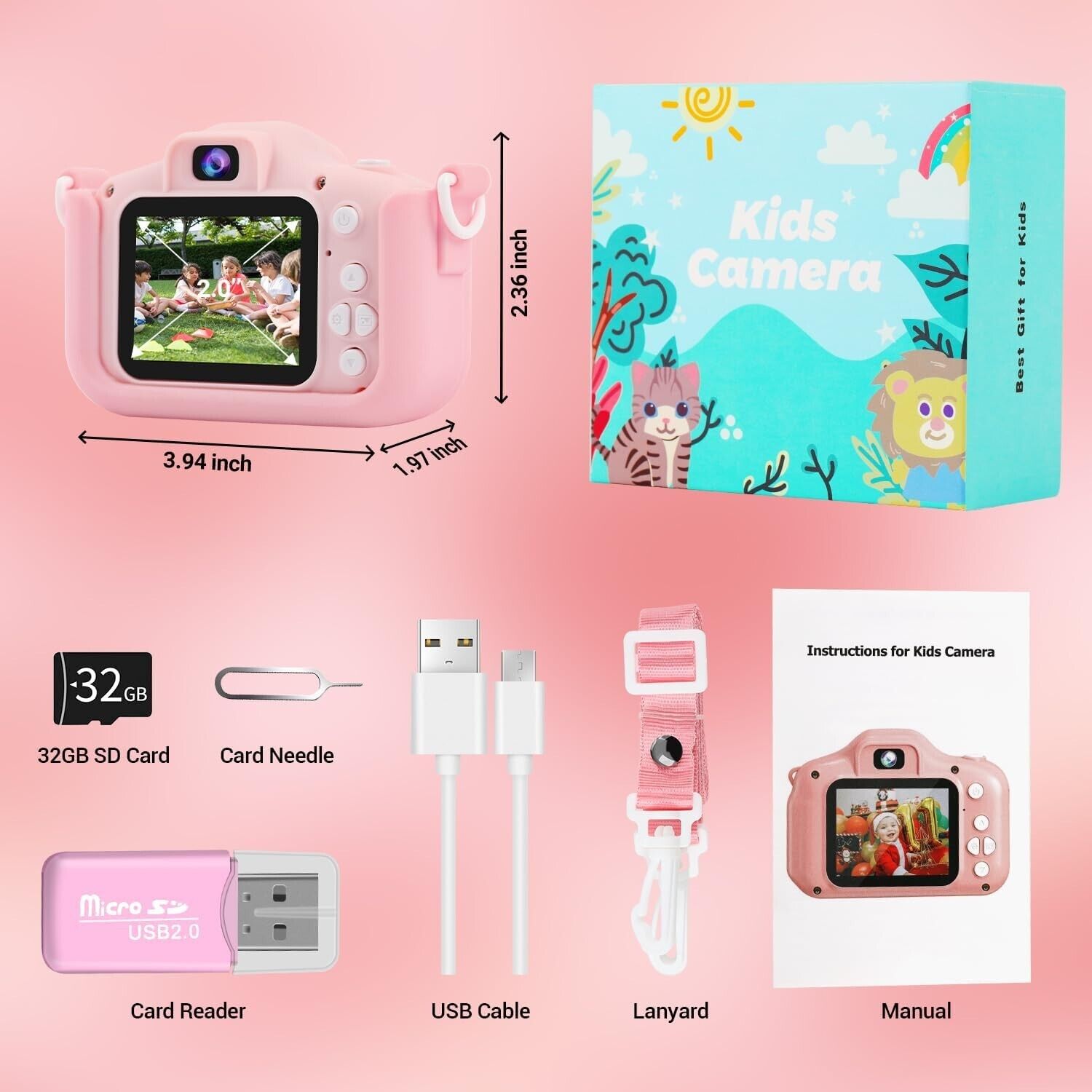 Children's HD camera with 32GB SD card in pink, includes accessories like USB cable and lanyard