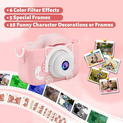 Children's HD camera with 32GB SD card in pink featuring 6 colour filter effects and 28 decorations