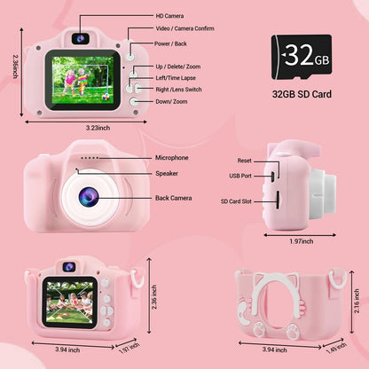 Childrens HD camera with 32GB SD card featuring an easy-to-use design and fun shooting functions