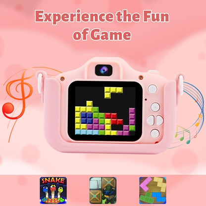 Children's HD camera with 32GB SD card in pink, featuring fun gaming interface and controls