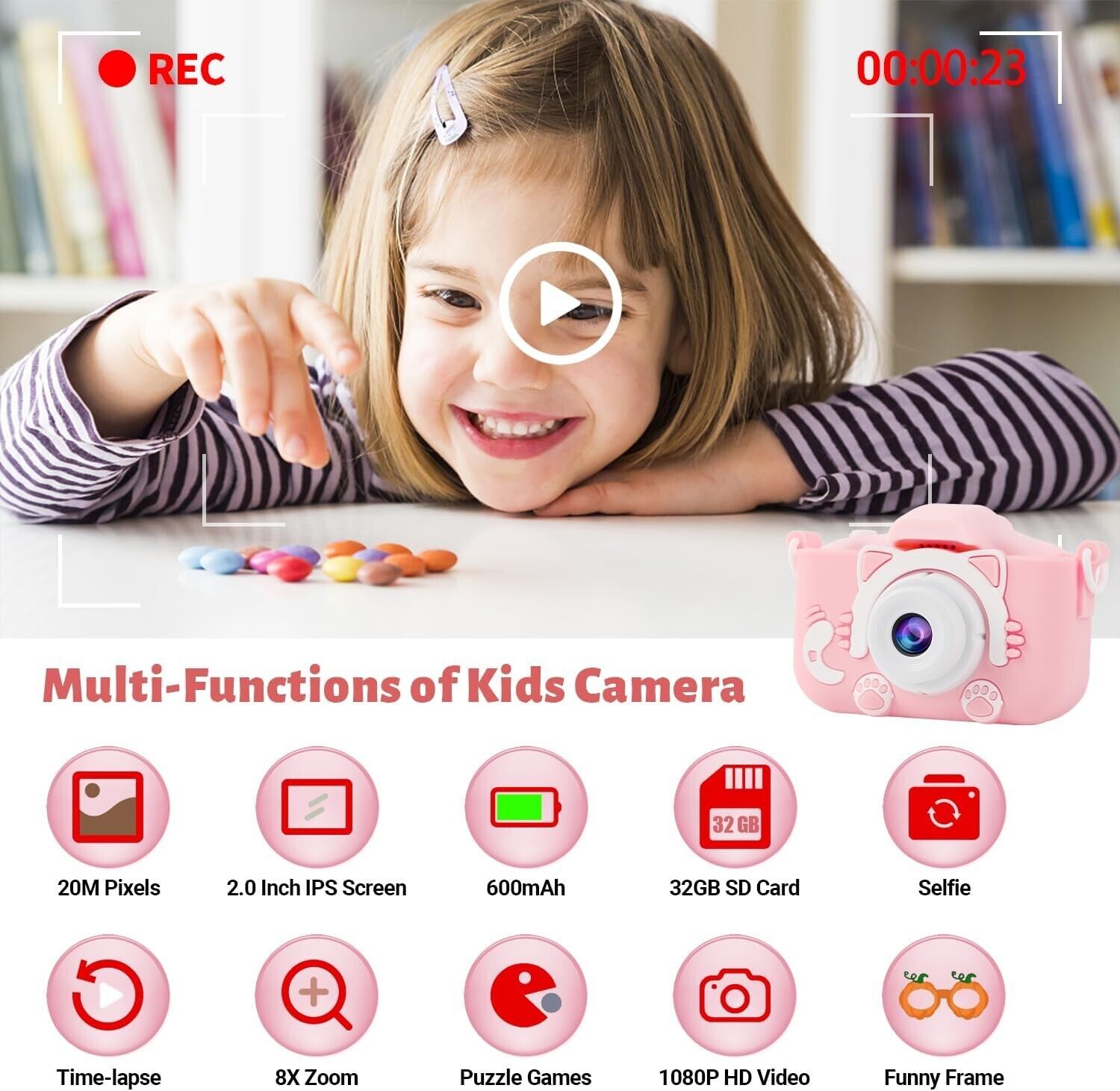 Smiling girl using children's HD camera with 32GB SD card while playing with colourful beads