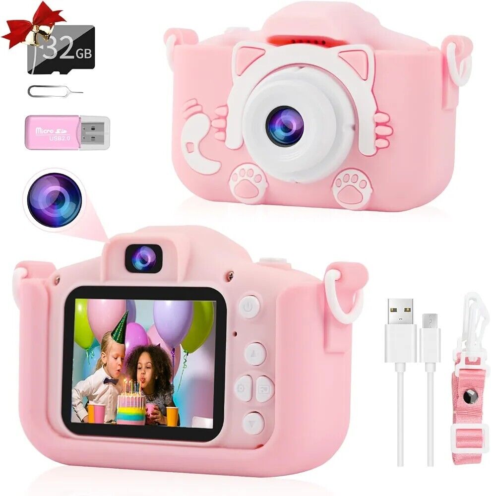 Children's HD camera with 32GB SD card in pink, featuring a cute cat design and LCD screen