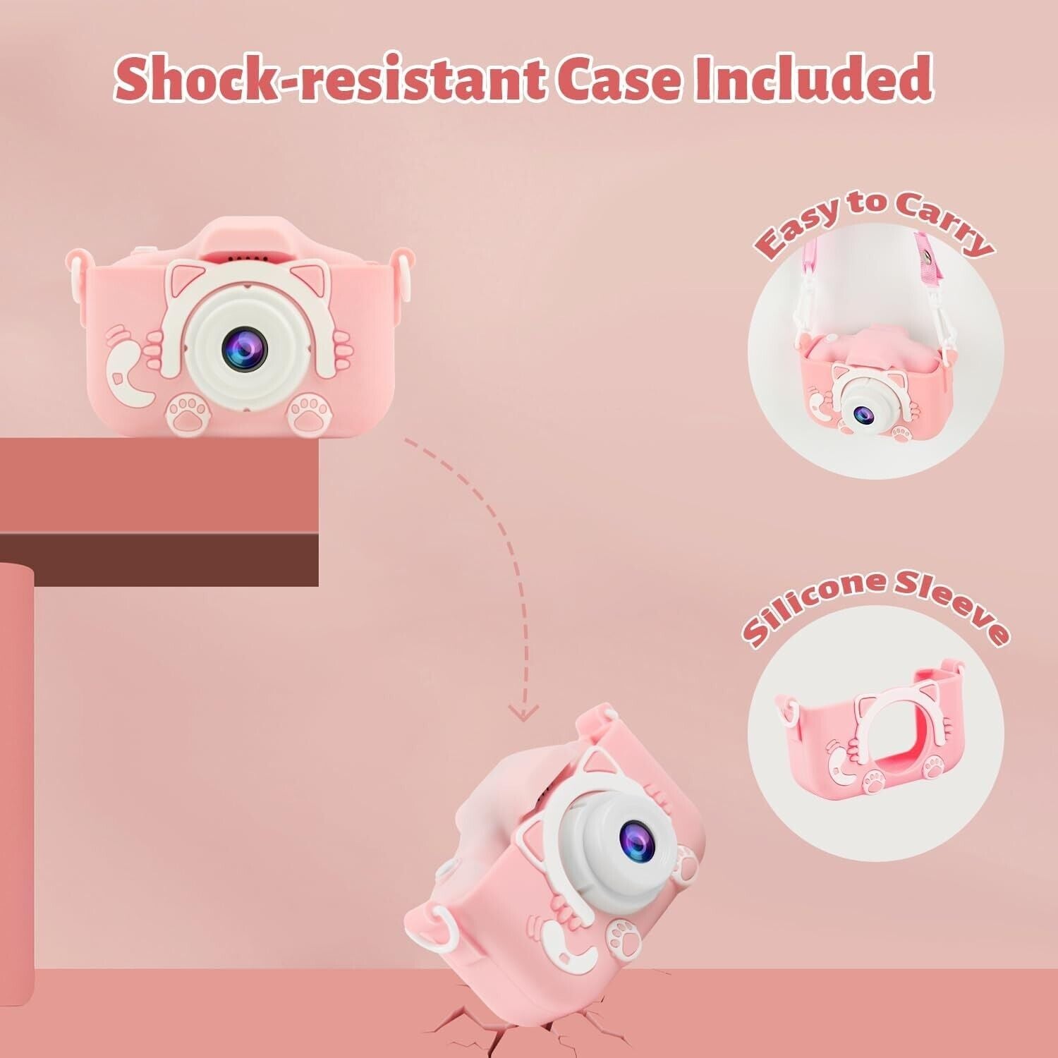 Children's HD camera with 32GB SD card in pink, featuring a shock-resistant case and easy-to-carry design