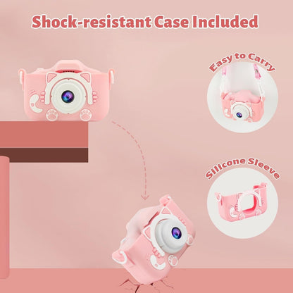 Children's HD camera with 32GB SD card in pink, featuring a shock-resistant case and easy-to-carry design