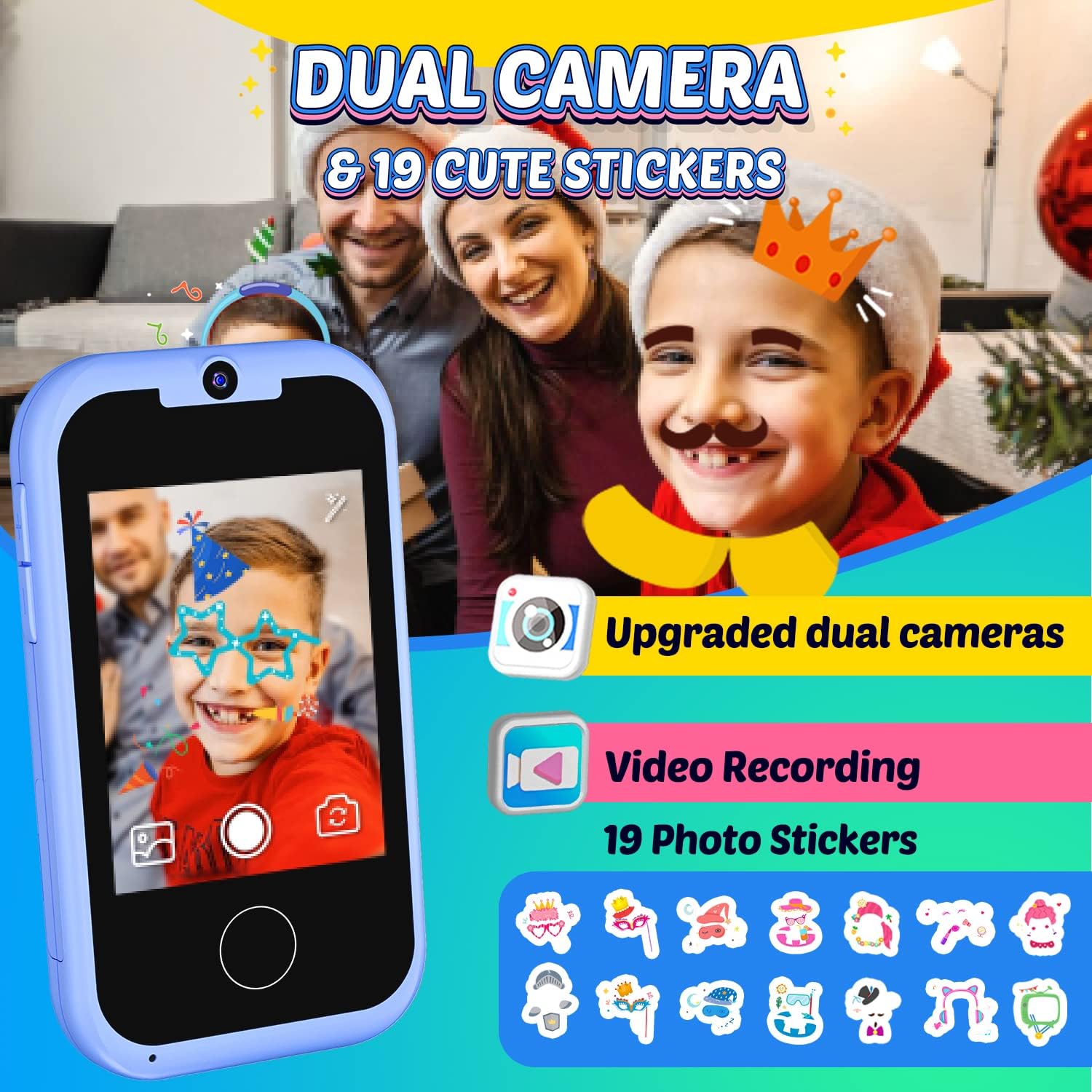 BAISIQI children's smartphone toy ages 3-6 with dual cameras and 19 photo stickers for fun playtime