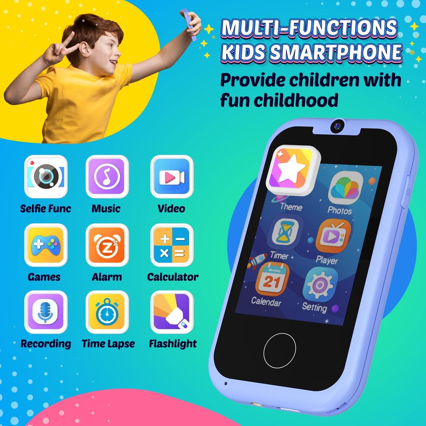 BAISIQI multi-functions kids smartphone toy ages 3-6 with various games, music, and video features