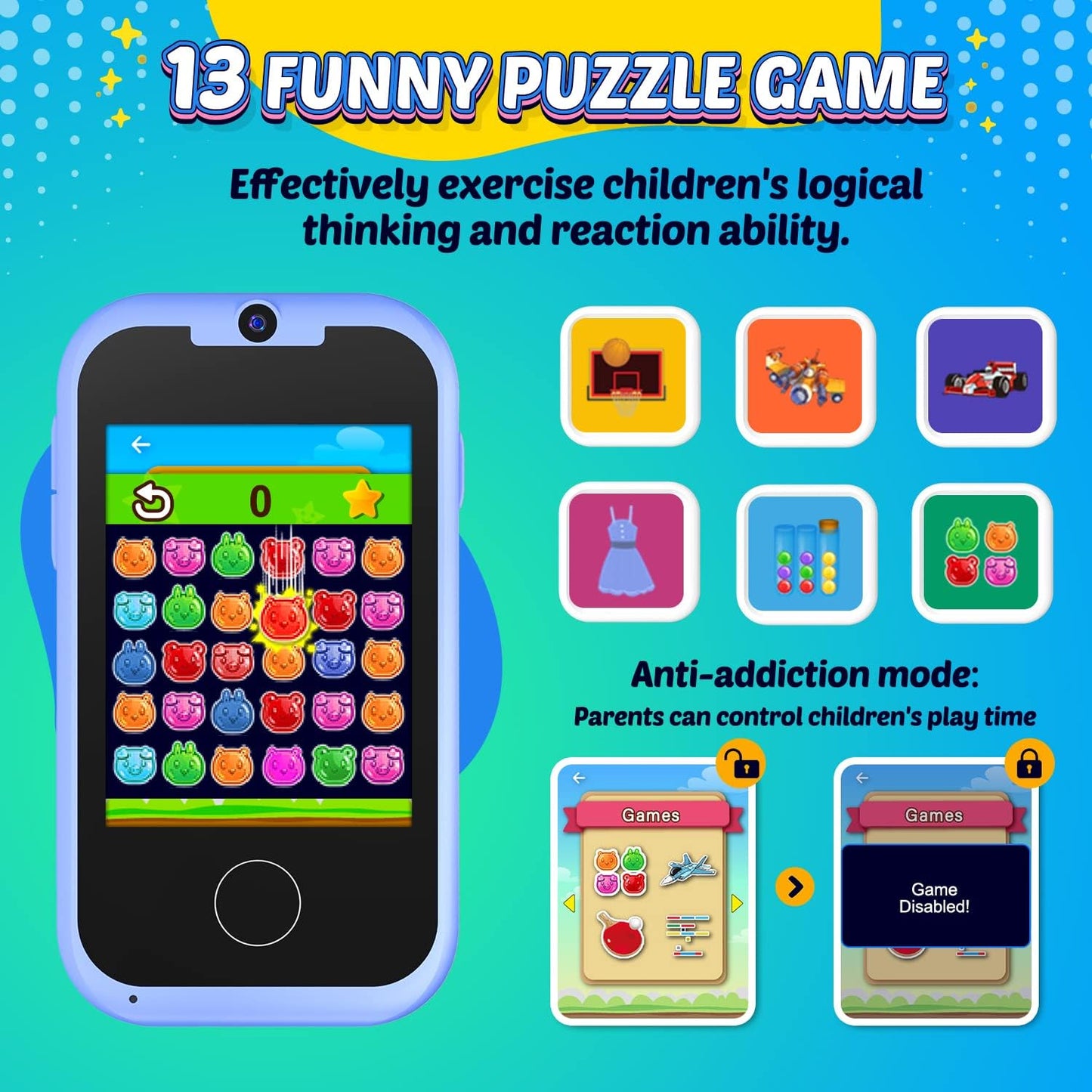 BAISIQI children's smartphone toy ages 3-6 featuring 13 fun puzzle games for logical and reaction skills