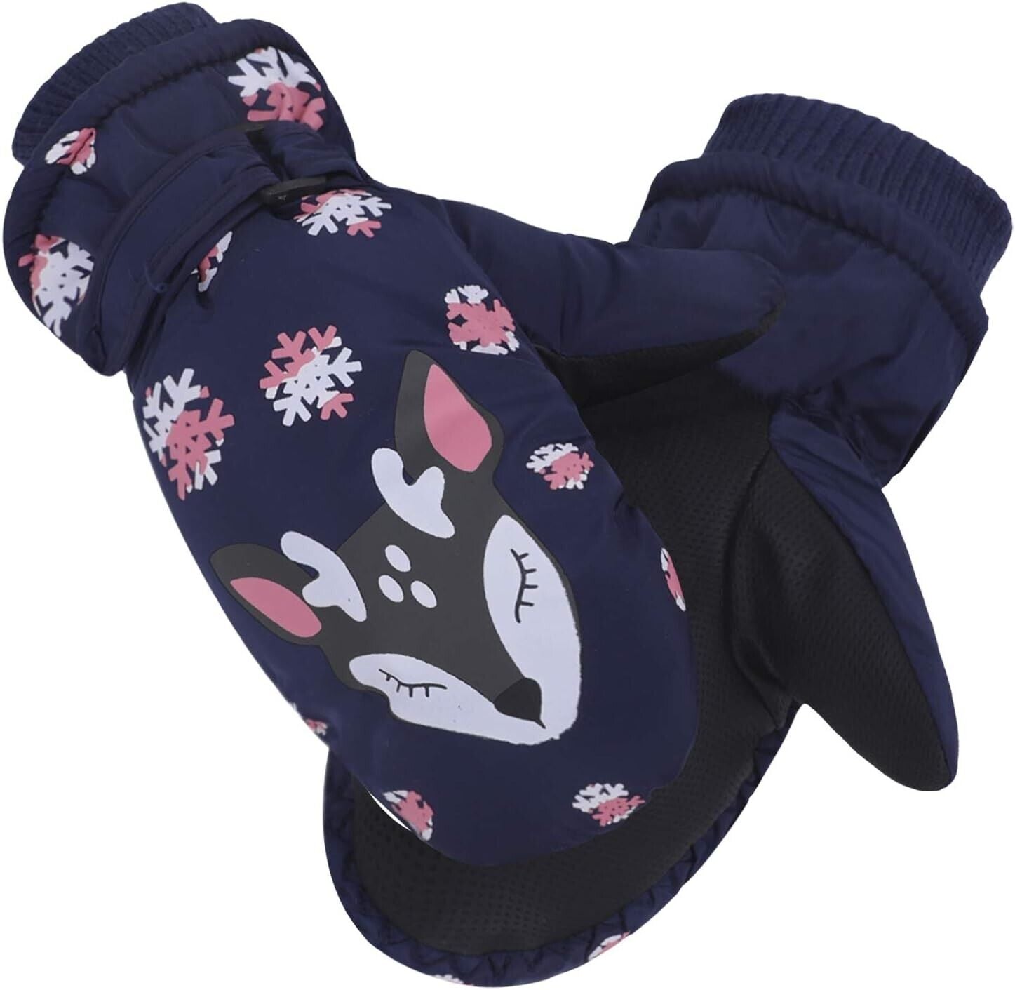 Children's winter gloves dark blue featuring a cute fox design and snowflake patterns